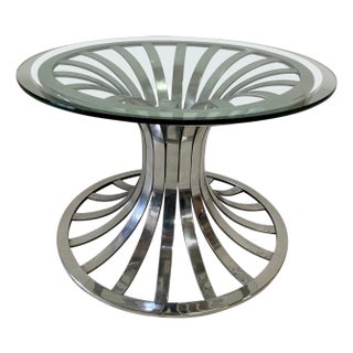Vintage Russell Woodard Polished Aluminum Side Table w/ Glass Top For Sale