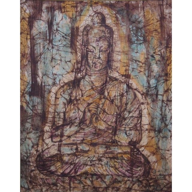 Textile 1963 Sitting Buddha Painting on Silk Burlap, Framed, Fukazen & Co For Sale - Image 7 of 13