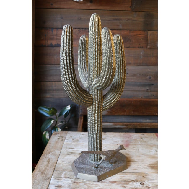 Metal Large Brass Saguaro Cactus With Road Runner Sculpture — Korea, Circa 1970s For Sale - Image 7 of 18