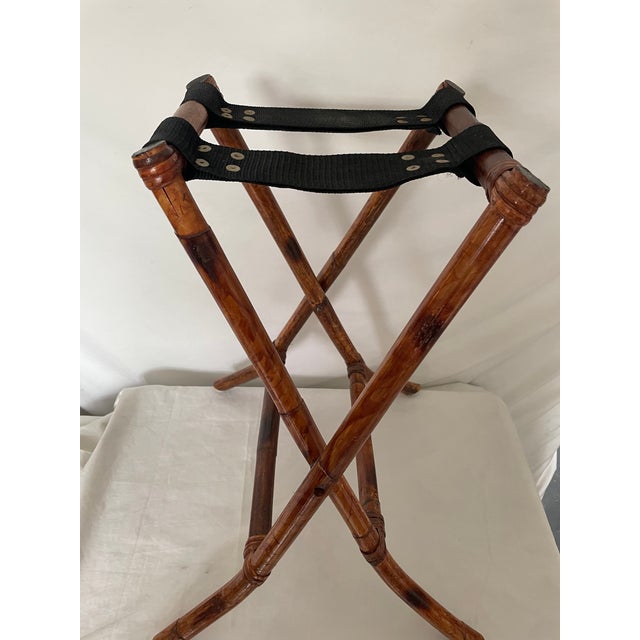 Mid-Century Modern Vintage Boho Bamboo Wicker Rattan Serving Tray Mid Century With Folding Stand For Sale - Image 3 of 12