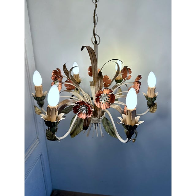 Vintage Passeri Florentine Floral Chandelier in Hand-Painted Wrought Iron, Italy, 1960s For Sale - Image 14 of 15
