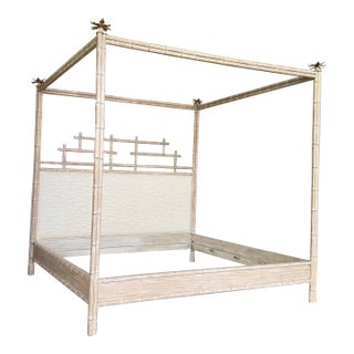 Late 20th Century Cerused Faux Bamboo Canopy King Bed With Tole Metal Leaf Finials For Sale