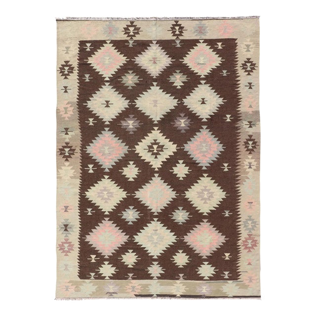 Mid 20th Century Tribal and Geometrics Turkish Kilim in Brown With Cream, Pink, Light Gray/Blue For Sale