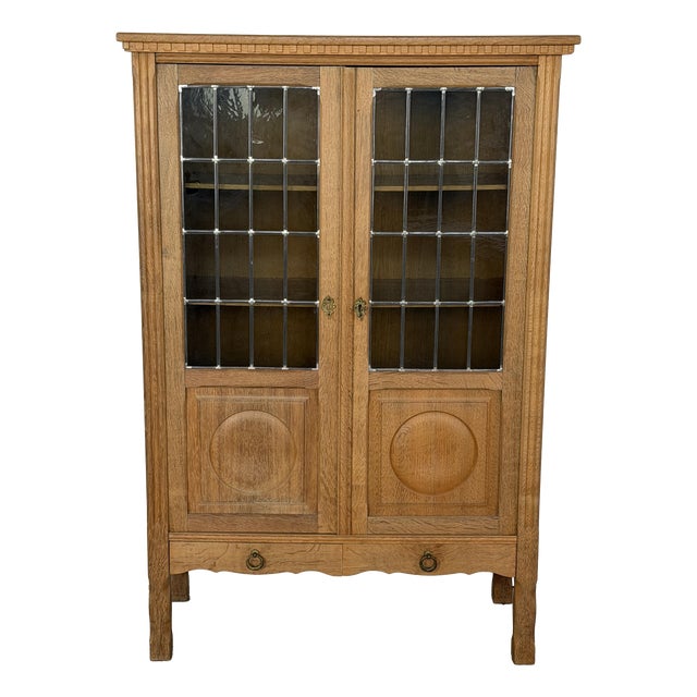 Mid-Century Modern Danish Oak Display Cabinet with Leaded Glass Doors, 1960s For Sale