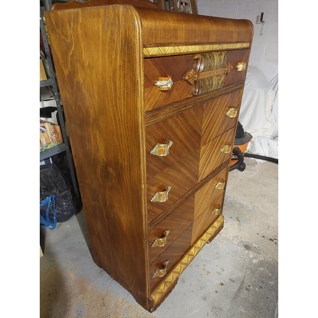Art Deco 1940's Vintage Waterfall Dresser Tallboy Refurbished For Sale - Image 3 of 16