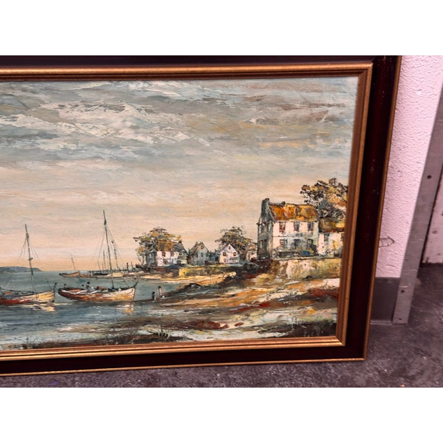 Coastal J. Clement Coastal Harbor Oil Painting, Vintage For Sale - Image 3 of 12