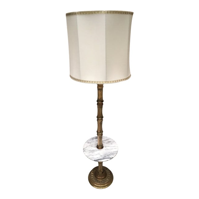 Vintage solid brass faux bamboo floor lamp with white Italian carerra marble tray table, and massive silk shade, style of...
