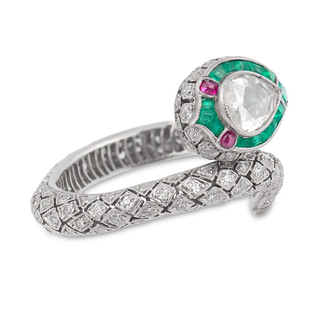 Rose Cut Diamond Emerald Platinum Snake Wrap Ring, Size 8.75 For Sale - Image 4 of 6