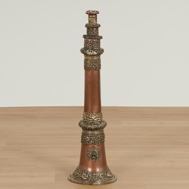 Transporting pair of 19th century Tibetan ceremonial telescoping horns or dungchen handcrafted in hammered copper with...