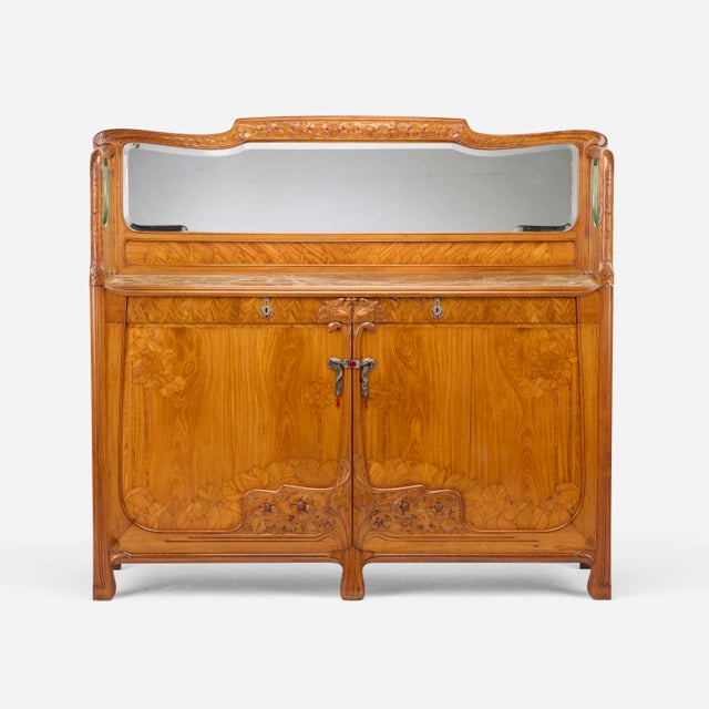 Brown Antique Art Nouveau Style Oak & Mahogany Sideboard With Mirrored Backdrop For Sale - Image 8 of 8