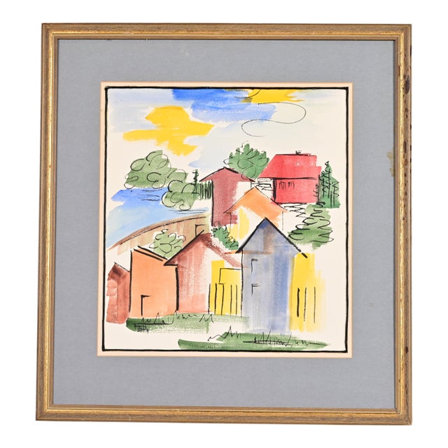 Original Artist Signed Abstract Housescape Framed Watercolor Painting For Sale