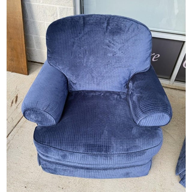 Blue Late 20th Century 3 Piece High End Custom Upholstered Club Chairs & Ottoman For Sale - Image 8 of 17