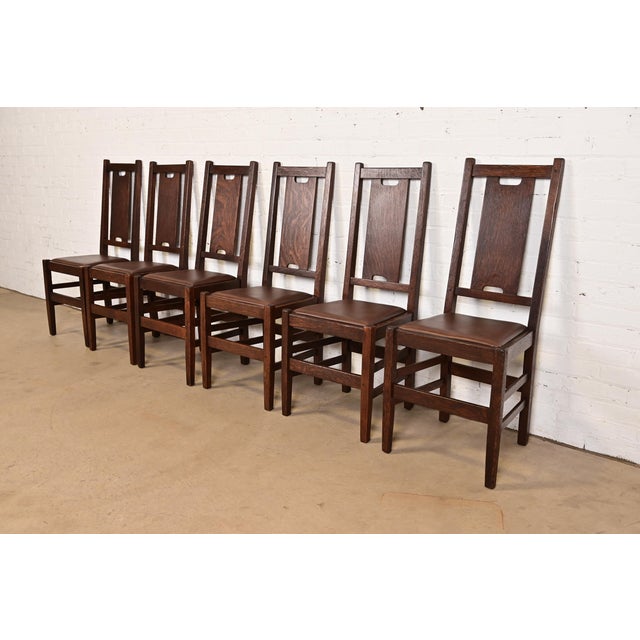 Gustav Stickley Antique Mission Oak Arts & Crafts H-Back Dining Chairs With Leather Seats, Pair For Sale - Image 11 of 12