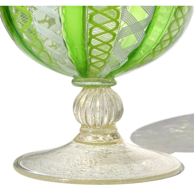 Murano Venetian Style Green White Gold Flecks Italian Art Glass Vintage Footed Double Handles Flower Vase For Sale In Orlando - Image 6 of 6