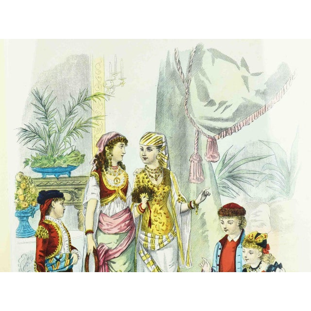 Beautiful hand-colored fashion print depicting a European interior scene with women and children dressed in richly...