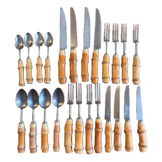 Vintage Bamboo Handled and Stainless Steel Flatware Set from Mills Moore, Set of 24 For Sale