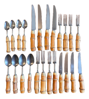 Vintage Bamboo Handled and Stainless Steel Flatware Set from Mills Moore, Set of 24