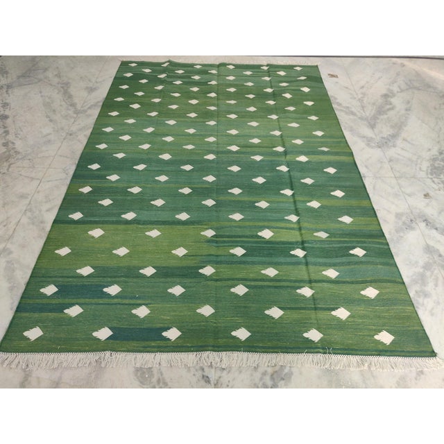 Handmade Cotton Fleur Rug, Forest Green and White Dhurrie - 14'x16' For Sale - Image 9 of 16