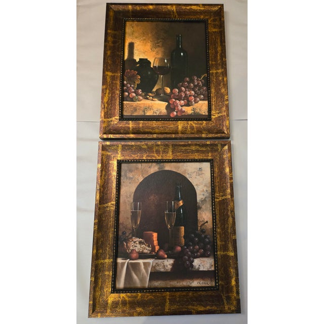 Textile Pair, Loren Speck, Vintage Italian-Style Framed Still-Life Art Prints Titled Wine Bottle & a Date to Remember For Sale - Image 7 of 13
