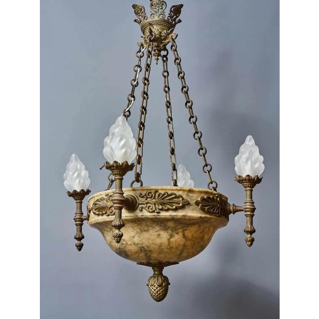 Representative Bronze Chandelier with Alabaster Bowl and Flamed Shades For Sale - Image 11 of 11