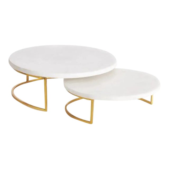 Vienna White Marble & Brass Serving Stands, Set Of 2 For Sale