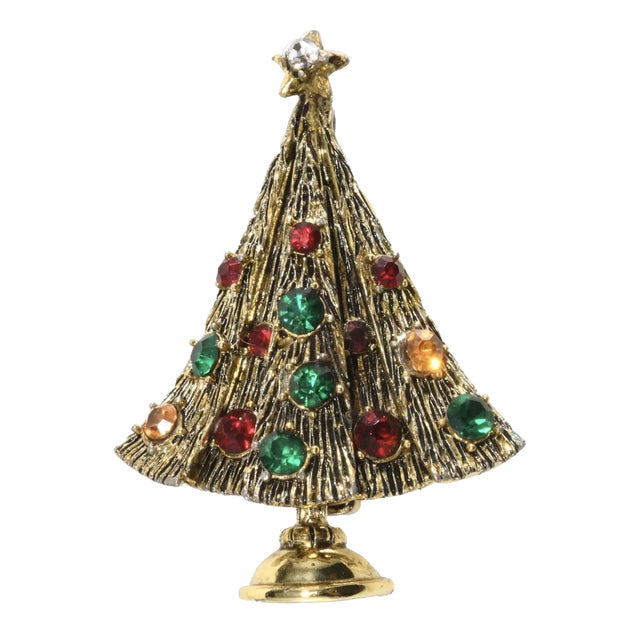 Vintage Pakula Christmas Tree Pin Red Green Amber Rhinestones For Sale