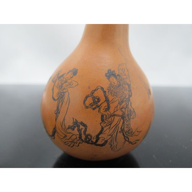 Figurative Chinese Hand Etched Figural & Script Gourd Snuff Bottle With Jade Green Stopper For Sale - Image 3 of 14