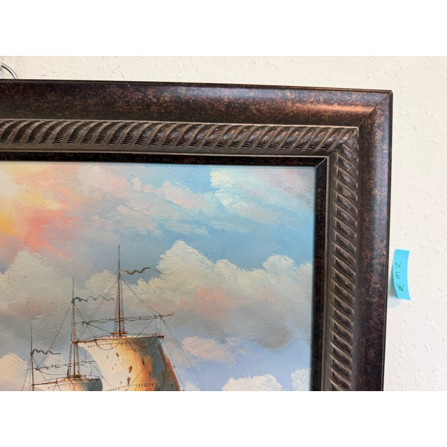 Blue Original Marine Naval Battle Oil Painting Sailing Ships Seascape Framed, Signed For Sale - Image 8 of 11