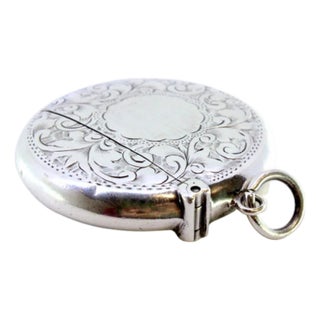 Plain Silver Circular Matchbox with Hinged Lid and Hanging Ring For Sale