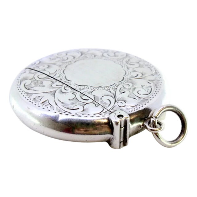 Plain Silver Circular Matchbox with Hinged Lid and Hanging Ring For Sale