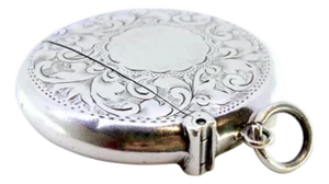 Plain Silver Circular Matchbox with Hinged Lid and Hanging Ring