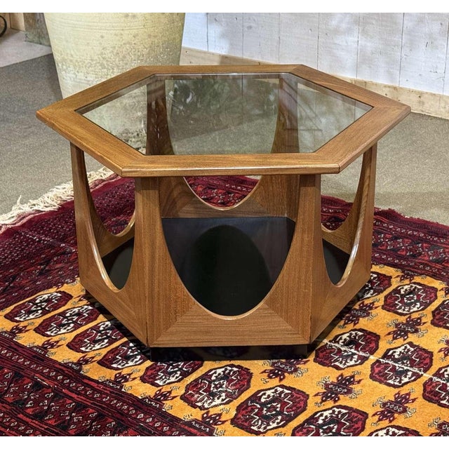 Octagonal teak side table with glass top, dating from the 1970s - H=42cm W=63cm D=63cm