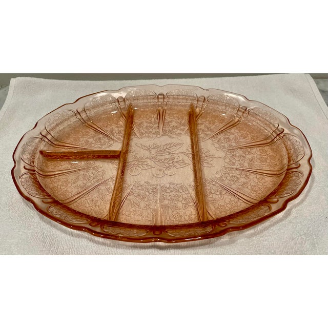Vintage Pink Depression Glass Hor D’ouvres Tray For Sale - Image 4 of 4