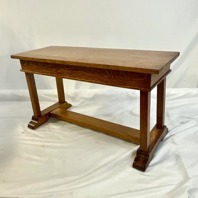 Wood Antique Early 1900 Mission Arts and Crafts Oak Bench After Stickley. For Sale - Image 7 of 10