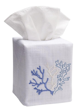 Blue Coral Tissue Box Cover in White Linen & Cotton, Embroidered