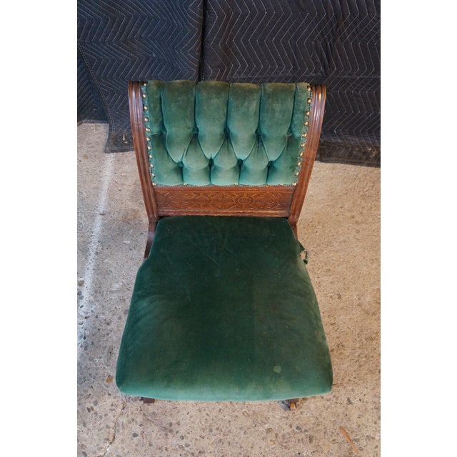 Late 19th Century Antique Victorian Eastlake Carved Mahogany Tufted Velvet Parlor Side Chair For Sale - Image 5 of 18