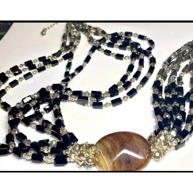 Abstract 1980s Large Multi-Strand Fire Agate Gemstone Pendant Necklace & Crystal Bead For Sale - Image 3 of 5