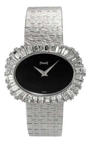 Late 20th Century Vintage Piaget Horizonal Oval 34m 98323a6 White Gold Baguette Diamond Onyx Watch