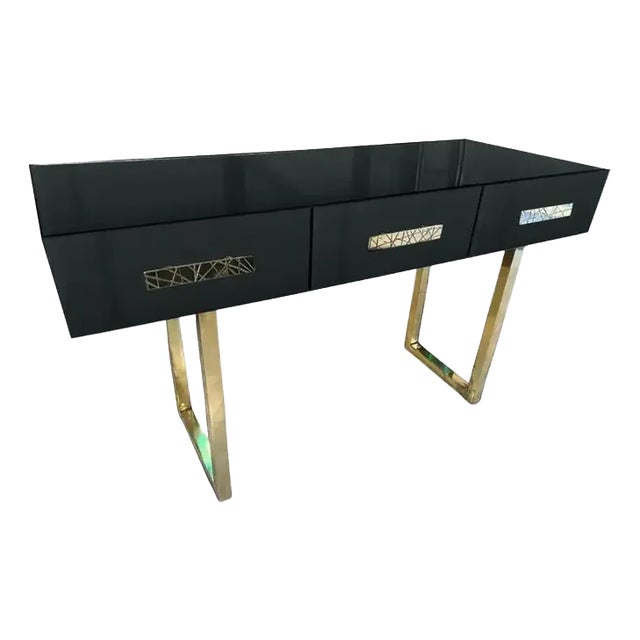Black Console in Mirrored Glass, Brass Handles and Legs For Sale