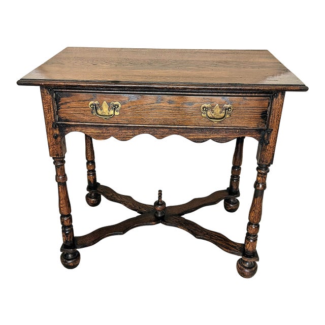 Antique Solid Oak William & Mary Side Table With Cross Stretcher For Sale