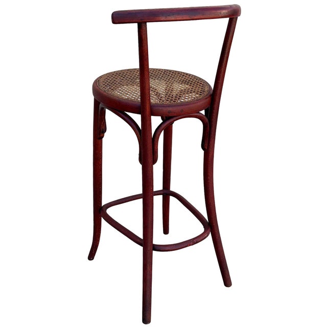 Late 19th Century Vienna Secession Bent Oak & Cane Bar Stool W/ Backrest Attributed to Gebrüder Thonet For Sale In Los Angeles - Image 6 of 8