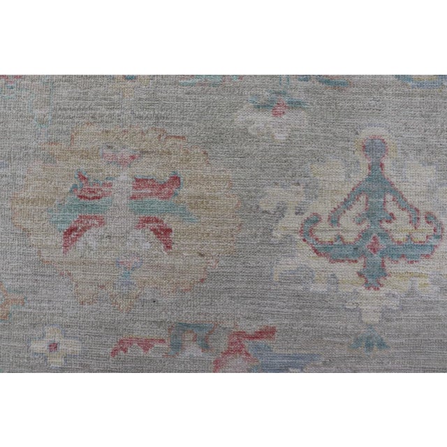 Cream Modern Oushak Floral Motif Design in Light Green Background and Colorful Design For Sale - Image 8 of 12