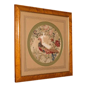 1870s Victorian Antique English Framed Needlepoint Scene, Stump Work Tapestry Panel