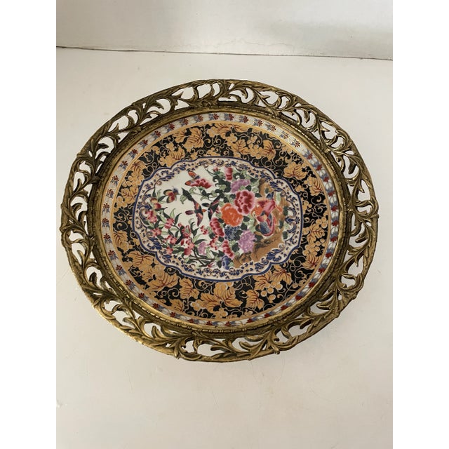 Brass Antique Brass and Porcelain Chinese Hand Painted Decorative Plate Marked For Sale - Image 8 of 8