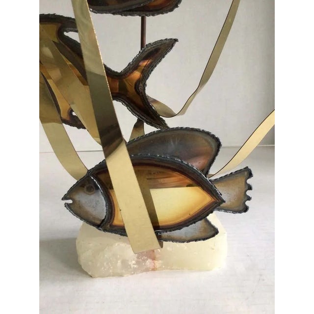 Metal 1960s Fish and Seagrass Sculpture of Sheeted Brass and Aluminum on Onyx Base For Sale - Image 7 of 8