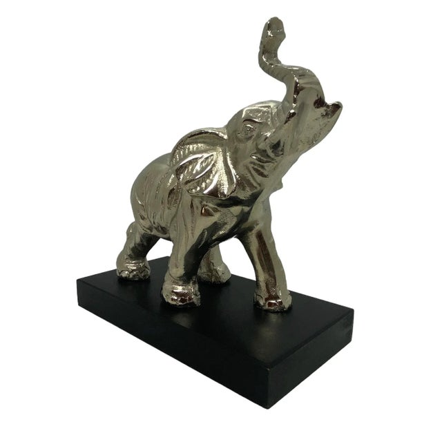 Early 21st Century Contemporary Silver Aluminum Metal Elephant Sculpture Standing on Black Wood Plinth For Sale - Image 5 of 12
