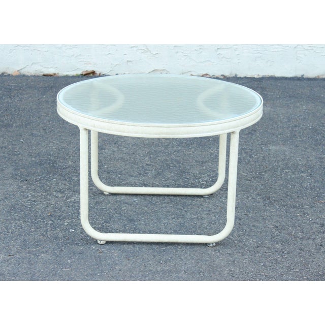 Mid Century Modern Round Glass Top Aluminum Outdoor Patio Side Table For Sale - Image 9 of 12