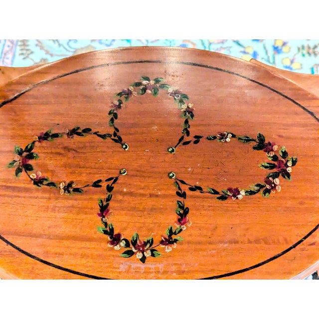 Wood Unique Edwardian Antique Satinwood 2-Tier Parlour Side Table W/ Hand Painted Floral Garlands & Center Display For Sale - Image 7 of 9