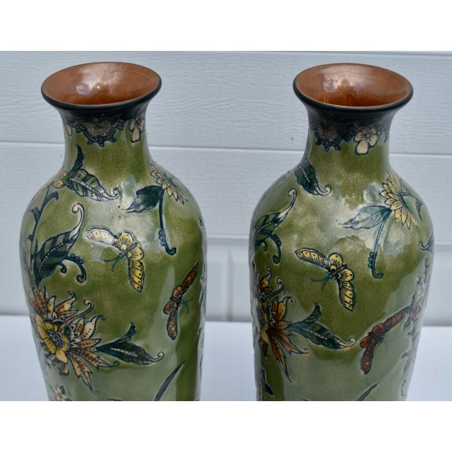 Ceramic Vtg. Pair of Baum Bros Formalities Vase W/Floral & Butterfly Details For Sale - Image 7 of 14