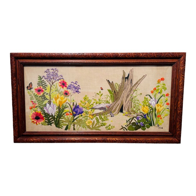 VTG 1970s Paragon Forest Reborn Crewel Framed Wow! Signed and Dated Embroidery For Sale